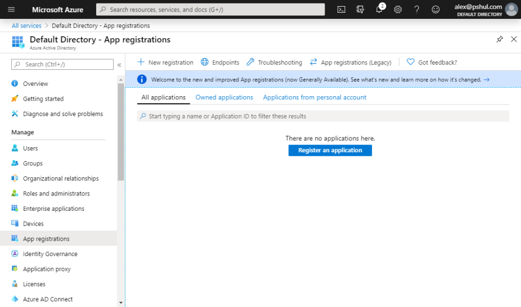 Azure AD App Registration Page