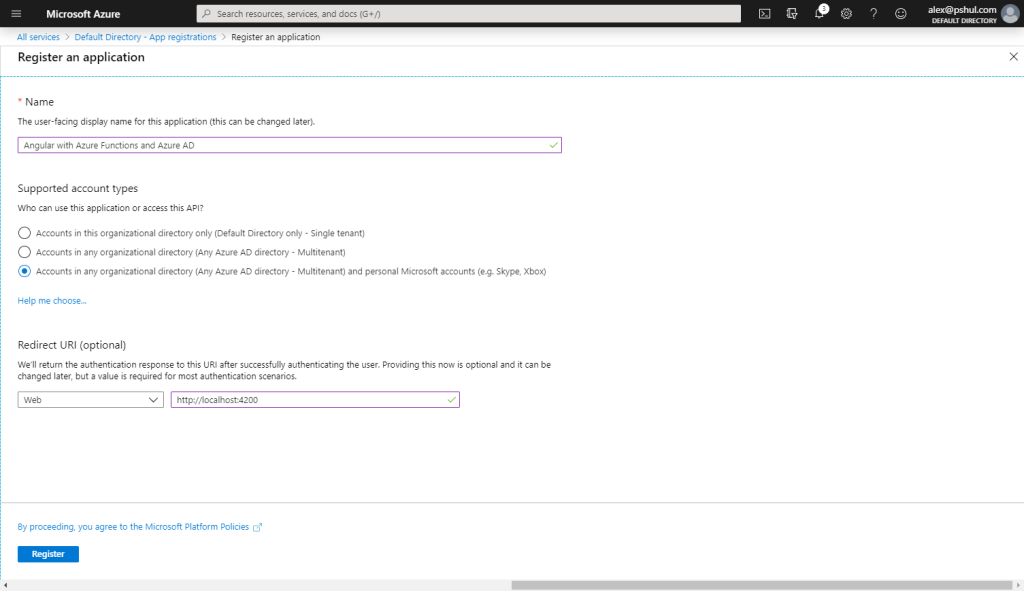 Azure AD - New App Registration Details