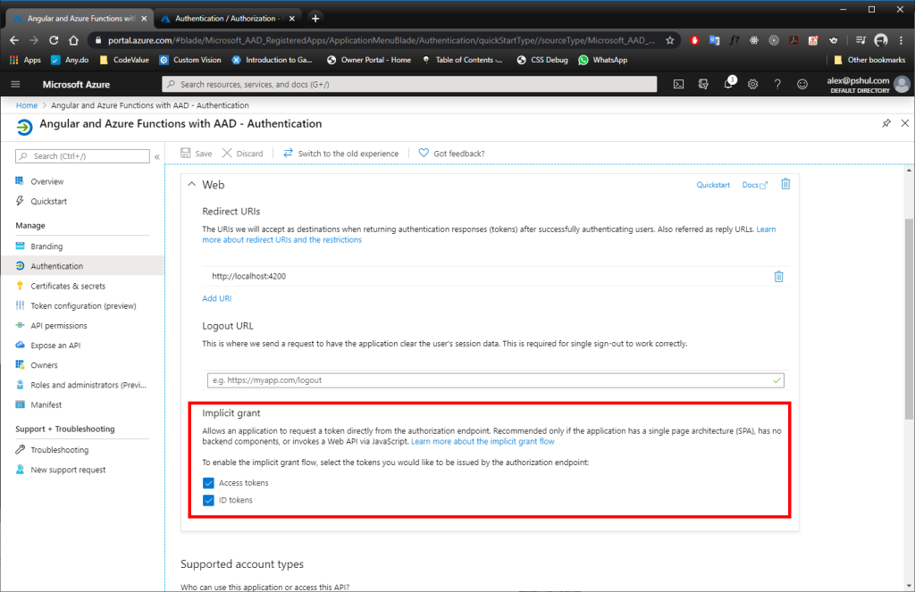 Implicit Grant in Azure AD app registration